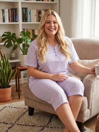 Büyük Beden Kısa Kol Kapri Pamuklu Likralı Pijama Takımı