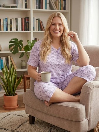 Büyük Beden Kısa Kol Kapri Pamuklu Likralı Pijama Takımı
