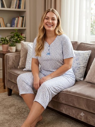 Büyük Beden Kısa Kol Kapri Pamuklu Likralı Pijama Takımı