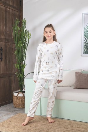 Çocuk Ayıcık Desen Likralı Soft interlok Kumaş Uzun Kollu Pijama Takımı