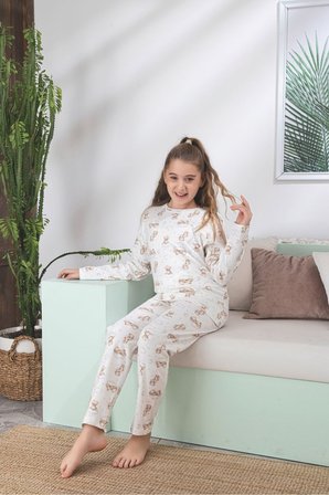 Çocuk Ayıcık Desen Likralı Soft interlok Kumaş Uzun Kollu Pijama Takımı