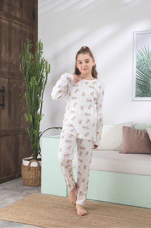 Çocuk Ayıcık Desen Likralı Soft interlok Kumaş Uzun Kollu Pijama Takımı