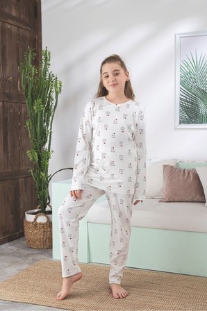 Çocuk Ayıcık Desen Likralı Soft interlok Kumaş Uzun Kollu Pijama Takımı