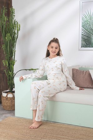 Çocuk Ayıcık Desen Likralı Soft interlok Kumaş Uzun Kollu Pijama Takımı
