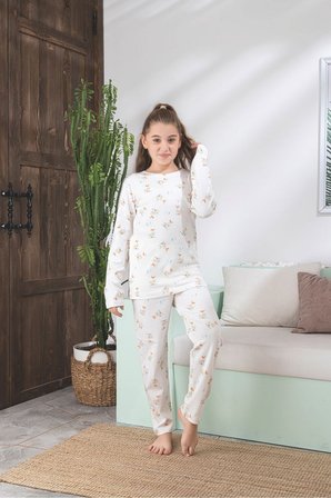 Çocuk Ayıcık Desen Likralı Soft interlok Kumaş Uzun Kollu Pijama Takımı