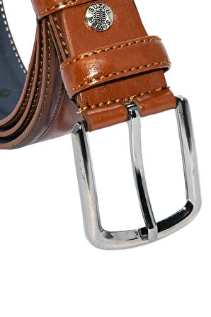 3.5 cm. Klasik Suni Deri Desenli ve Dikişli Model Erkek Kemer Taba