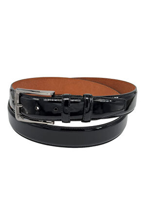 3.5 cm. Klasik Hakiki Deri Dikişli Model Düz Renk Rugan Kemer Siyah