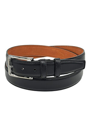 3.5 cm. Klasik Hakiki Deri Dikişli Model Düz Renk Erkek Kemer Siyah