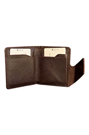 Mıknatıslı ve Kemerli İkiye Katlı Model Hakiki Deri Kredi Kartlık Kahverengi