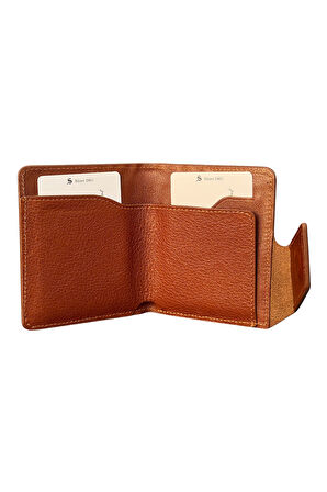 Mıknatıslı ve Kemerli İkiye Katlı Model Hakiki Deri Kredi Kartlık Taba