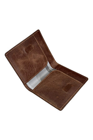 Mıknatıslı İkiye Katlı İnce Model Hakiki Deri Kredi Kartlık Crazy Kahverengi