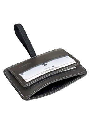 Lastikli İki Katlı Mini Boy İnce Slim Basic Model Hakiki Deri Kredi Kartlık Gri
