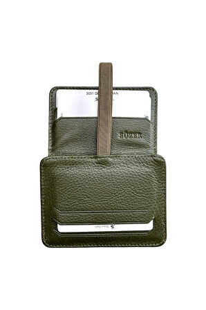 Lastikli İki Katlı Mini Boy İnce Slim Basic Model Hakiki Deri Kredi Kartlık Haki