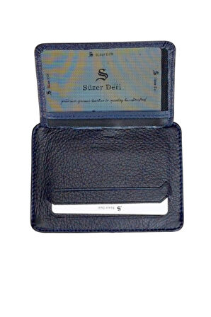 Lastikli İki Katlı Mini Boy İnce Slim Basic Model Hakiki Deri Kredi Kartlık Lacivert