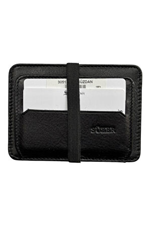 Lastikli İki Katlı Mini Boy İnce Slim Basic Model Hakiki Deri Kredi Kartlık Siyah