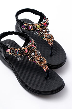 ASFSTORE DM-609 Siyah Taşlı Arka Lastikli Parmak Arası Kadın Sandalet 