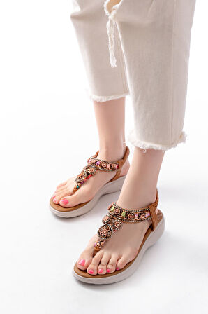 ASFSTORE DM-609 Taba Taşlı Arka Lastikli Parmak Arası Kadın Sandalet 
