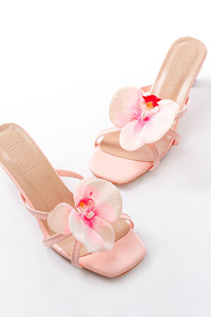 ASFSTORE S-622 Pembe Orkide Detaylı İnce Topuklu Kadın Terlik 