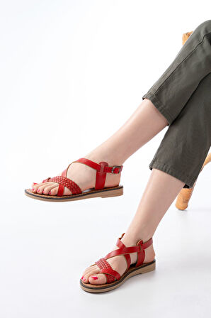 ASFSTORE 205-09 Kırmızı Ortopedik Hakiki Deri Kadın Sandalet 