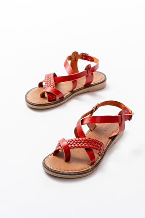 ASFSTORE 205-09 Kırmızı Ortopedik Hakiki Deri Kadın Sandalet 