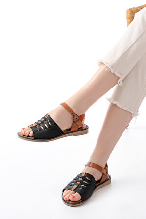 ASFSTORE 205-029 Siyah Ortopedik Hakiki Deri Kadın Sandalet  