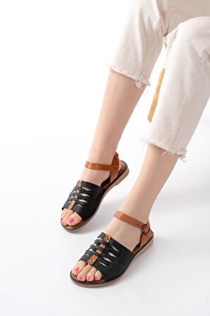 ASFSTORE 205-029 Siyah Ortopedik Hakiki Deri Kadın Sandalet  