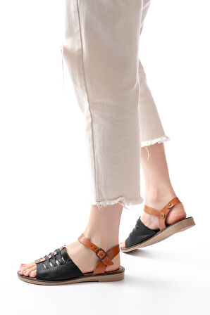 ASFSTORE 205-029 Siyah Ortopedik Hakiki Deri Kadın Sandalet  