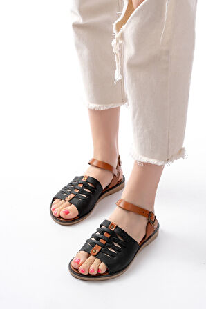 ASFSTORE 205-029 Siyah Ortopedik Hakiki Deri Kadın Sandalet  