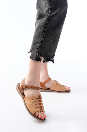 ASFSTORE 205-029 Bej Ortopedik Hakiki Deri Kadın Sandalet  