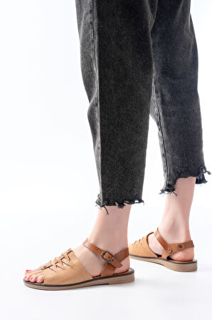 ASFSTORE 205-029 Bej Ortopedik Hakiki Deri Kadın Sandalet  
