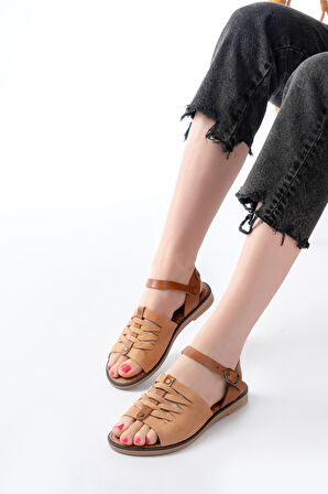 ASFSTORE 205-029 Bej Ortopedik Hakiki Deri Kadın Sandalet  