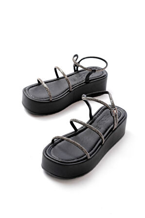 ASFSTORE 861-1008 Siyah Platin Taşlı Dolgu Topuklu Kadın Sandalet 