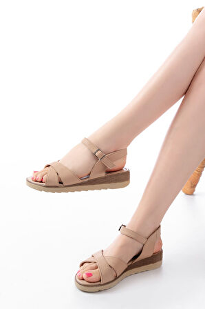 ASFSTORE 692-564 Bej Ortopedik Taban Çapraz Tokalı Kadın Sandalet   