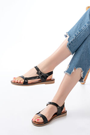 ASFSTORE 205-090 Siyah Hakiki Deri Tokalı Kadın Sandalet  