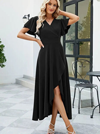 ASFSTORE Kadın Kısa Kollu Kruvaze Yakalı önden Volanlı çapraz Kesim Detaylı Maksi Boy Ithal Krep Elbise