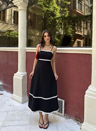 ASFSTORE Askılı Uzun Şerit Detaylı Şık Ve Rahat Elbise - Siyah