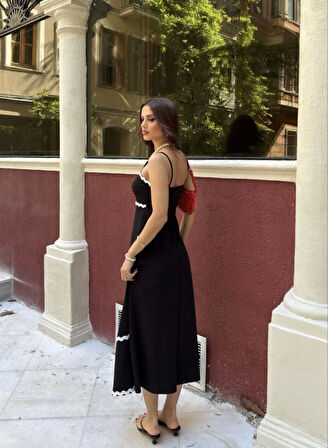 ASFSTORE Askılı Uzun Şerit Detaylı Şık Ve Rahat Elbise - Siyah
