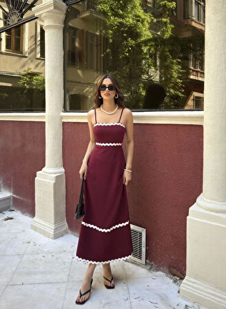 ASFSTORE Askılı Uzun Şerit Detaylı Şık Ve Rahat Elbise - Bordo