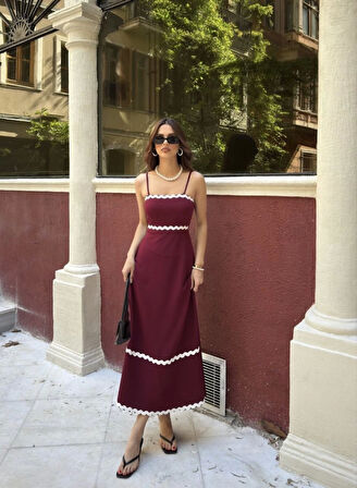 ASFSTORE Askılı Uzun Şerit Detaylı Şık Ve Rahat Elbise - Bordo