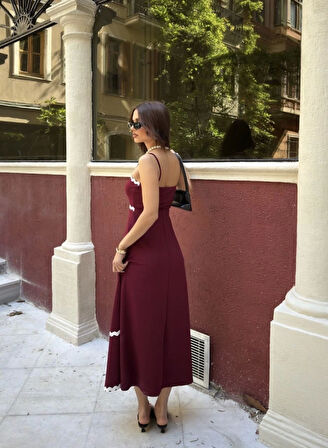 ASFSTORE Askılı Uzun Şerit Detaylı Şık Ve Rahat Elbise - Bordo