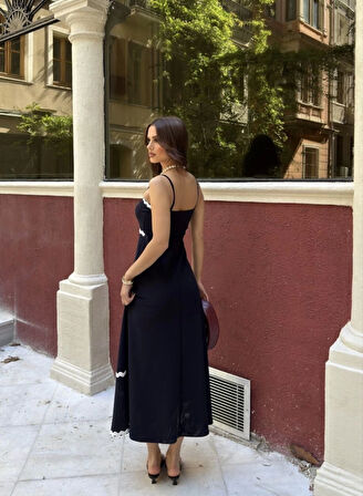 ASFSTORE Askılı Uzun Şerit Detaylı Şık Ve Rahat Elbise - Lacivert