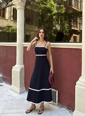 ASFSTORE Askılı Uzun Şerit Detaylı Şık Ve Rahat Elbise - Lacivert