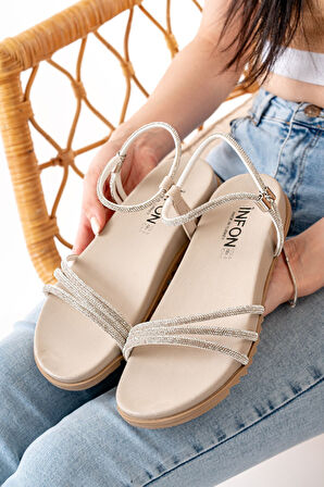 ASFSTORE 1001-1100 Bej Gümüş Taşlı Günlük Kadın Sandalet