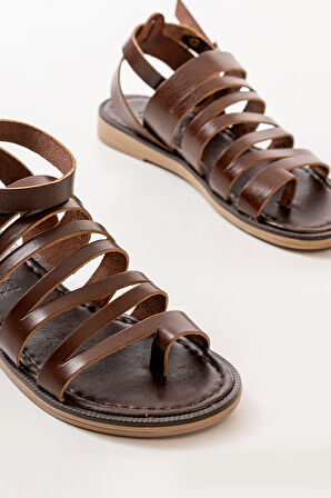 ASFSTORE 205-041 Koyu Kahve Ortopedik Hakiki Deri Kadın Sandalet