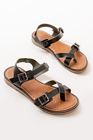 ASFSTORE 205-091 Siyah Ortopedik Hakiki Deri Kadın Sandalet