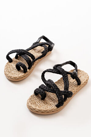 ASFSTORE 402 Siyah Hasır Kadın Sandalet