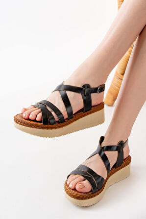 ASFSTORE 730-153 Siyah Ortopedik Hakiki Deri Dolgu Kadın Sandalet