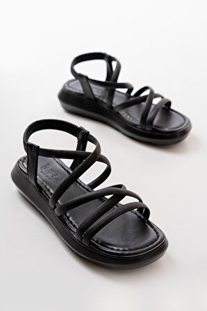 ASFSTORE 841-841 Siyah Lastikli Günlük Kadın Sandalet