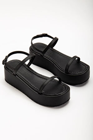 ASFSTORE 861-1027 Siyah Dolgu Topuk Kadın Sandalet