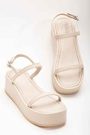ASFSTORE 861-1027 Bej Dolgu Topuk Kadın Sandalet